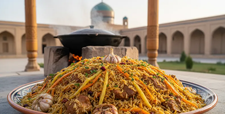 Plov uzbeque tradicional: o arroz de cordeiro, cenoura amarela e cominho cozido no kazan