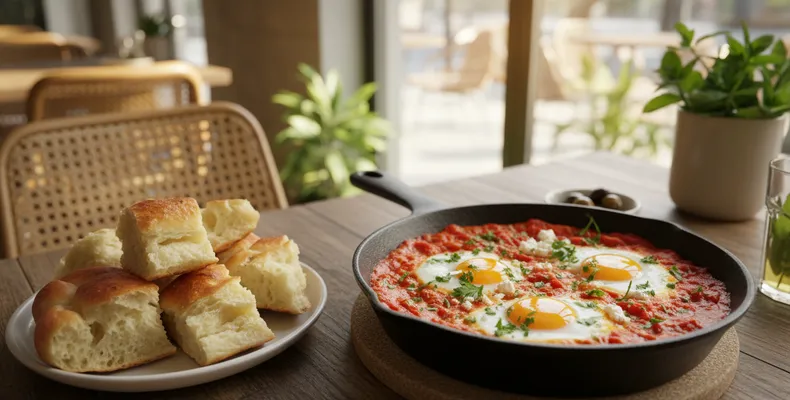 Shakshuka tradicional: os ovos pochê no molho de tomate, pimentão e cominho de Israel e do Magrebe
