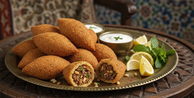 Kibbeh sírio tradicional: os bolinhos de trigo para quibe e carne recheados com carne, cebola e pinoli, fritos