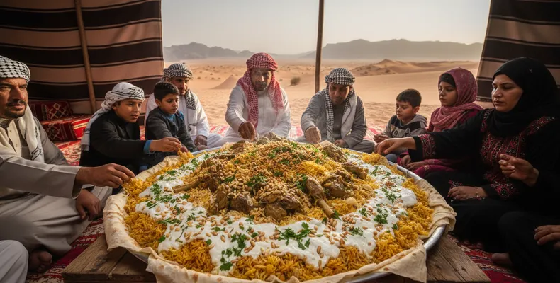 Mansaf tradicional: o cordeiro jordaniano cozido no molho de iogurte seco jameed sobre arroz e pão