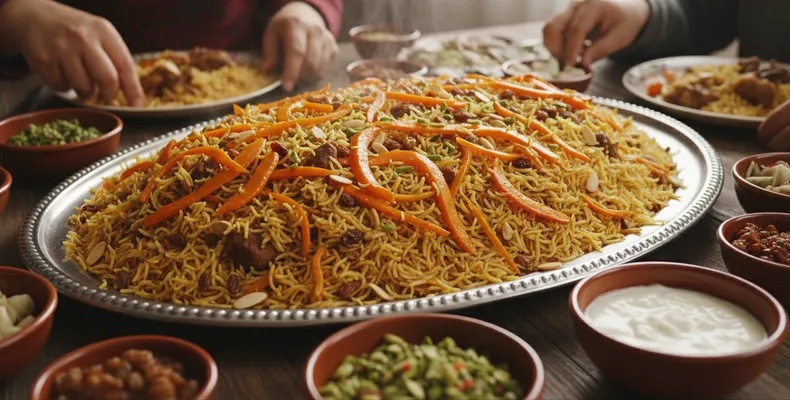 Kabuli pulao tradicional: o arroz afegão de cordeiro com cenoura caramelizada, uvas-passas e cardamomo