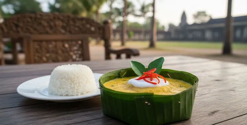 Fish amok cambojano tradicional: o creme de peixe ao curry e leite de coco cozido no vapor na folha de bananeira