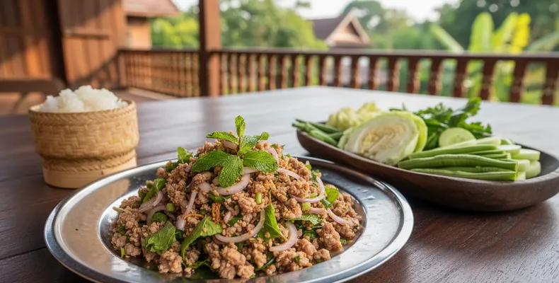 Larb tradicional: a salada laosiana de carne picada com hortelã, limão, molho de peixe e arroz tostado
