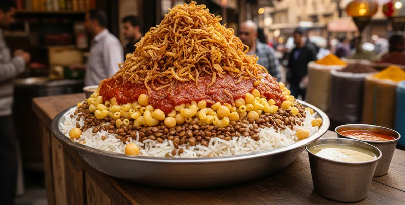 Koshari tradicional: o prato de rua egípcio de arroz, lentilha, macarrão, grão-de-bico, molho de tomate e cebola crocante