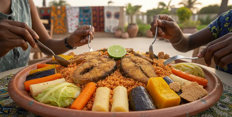 Thieboudienne tradicional: o arroz de peixe senegalês com legumes, tomate e o molho de salsa e alho