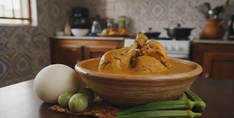 Sopa de amendoim ganesa tradicional: o nkatenkwan de frango com pasta de amendoim, tomate e gengibre, com fufu