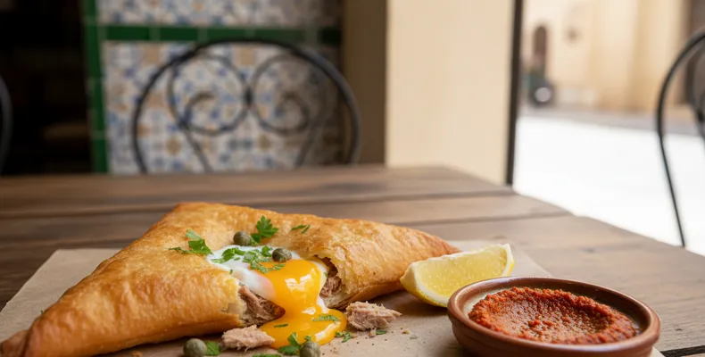 Brik tunisiano tradicional: o pastel fino de massa malsouka com ovo, atum, alcaparras e salsa, frito