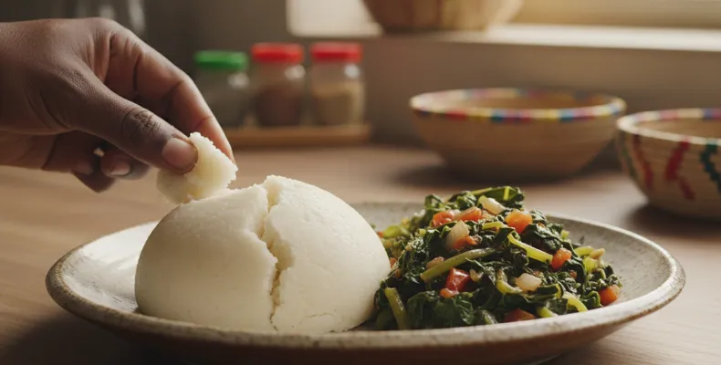 Ugali com sukuma wiki tradicional: o pirão de milho queniano com couve refogada, tomate e cebola