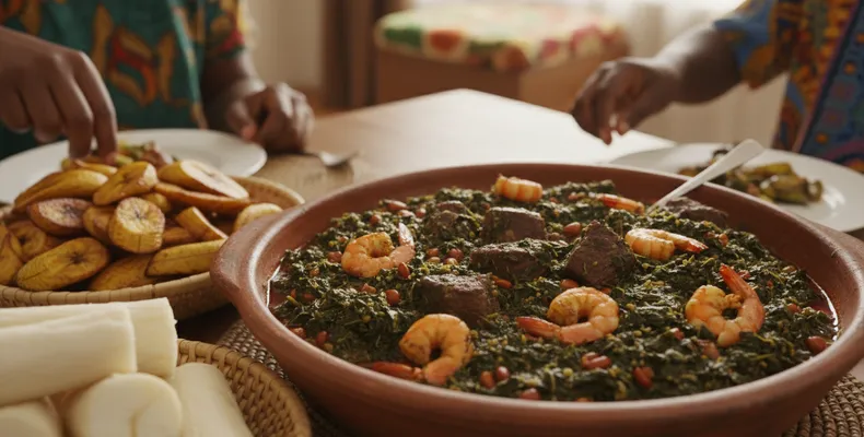 Ndolé tradicional: o ensopado camaronês de folhas amargas com amendoim, carne e camarão