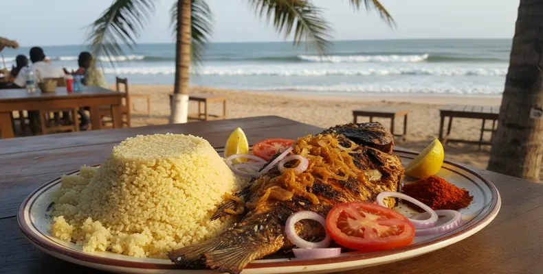 Attiéké com peixe grelhado tradicional: o cuscuz de mandioca marfinense com tilápia braseada e molho de tomate cru