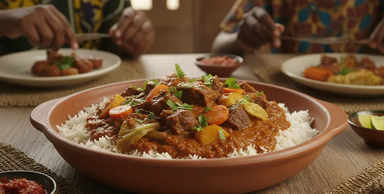 Maafe tradicional: o ensopado maliano de carne no molho de amendoim com legumes, tomate e pimenta