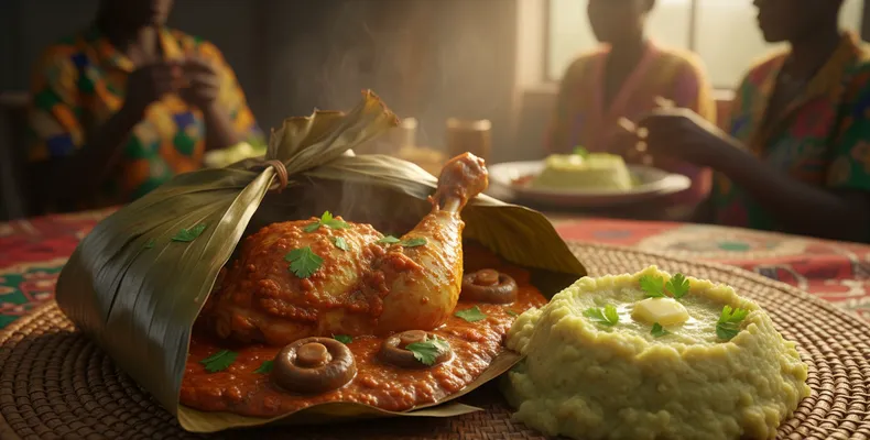 Luwombo tradicional: o ensopado ugandense de frango com amendoim cozido no vapor dentro da folha de bananeira