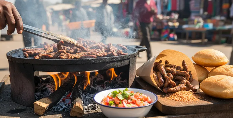 Kapana tradicional: a carne de rua namibiana em tiras grelhadas na chapa com sal, pimenta e molho de tomate cru