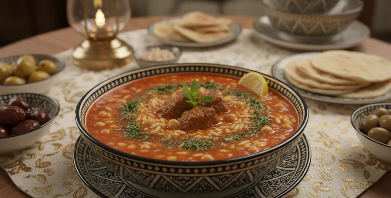 Sharba libia tradicional: a sopa líbia de cordeiro com tomate, grão-de-bico, hortelã e orzo