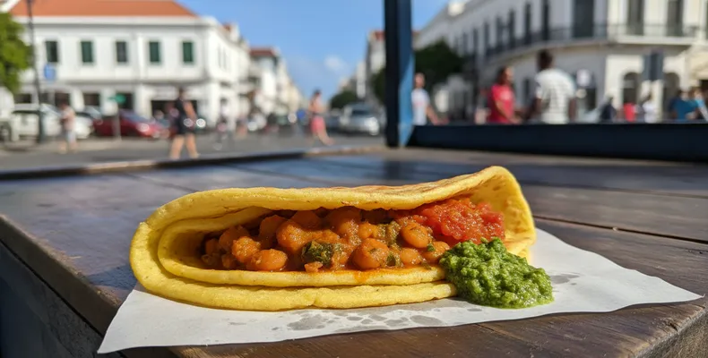 Dholl puri tradicional: o pão de rua mauriciano recheado com ervilha amarela, servido com curry de feijão e chutney