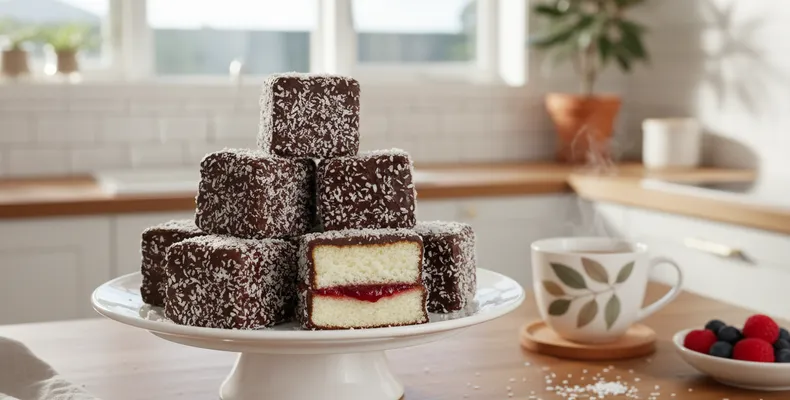 Lamington tradicional: o bolo australiano de cubos cobertos com calda de chocolate e coco ralado