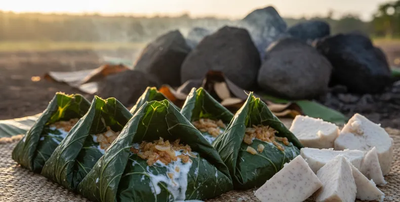 Palusami tradicional: as folhas de taro samoanas recheadas com creme de coco e cebola, assadas no umu