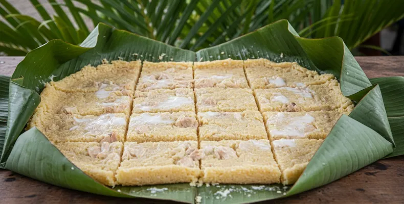 Laplap tradicional: o pudim de mandioca ralada de Vanuatu com frango e leite de coco, assado na folha de bananeira