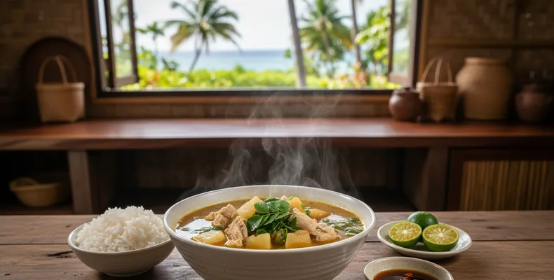Tinola de Palau tradicional: a sopa de frango com gengibre, papaia verde e folhas de moringa das ilhas