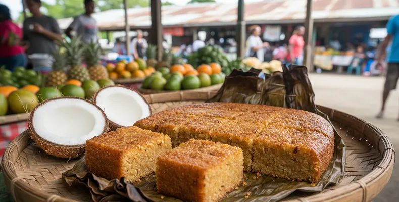 Pudim de mandioca das Ilhas Salomão tradicional: o bolo de mandioca ralada com leite de coco assado na folha de bananeira
