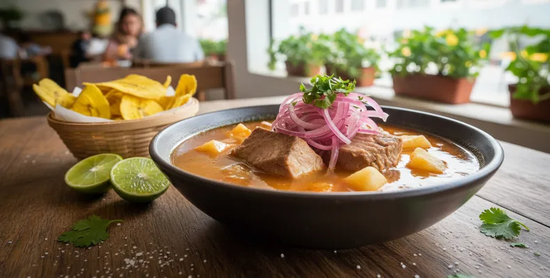 Encebollado equatoriano tradicional: a sopa de atum fresco com mandioca, cebola roxa curtida e coentro