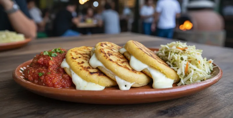 Pupusas salvadorenhas tradicionais: as tortilhas grossas de milho recheadas com queijo, feijão e chicharrón, com curtido