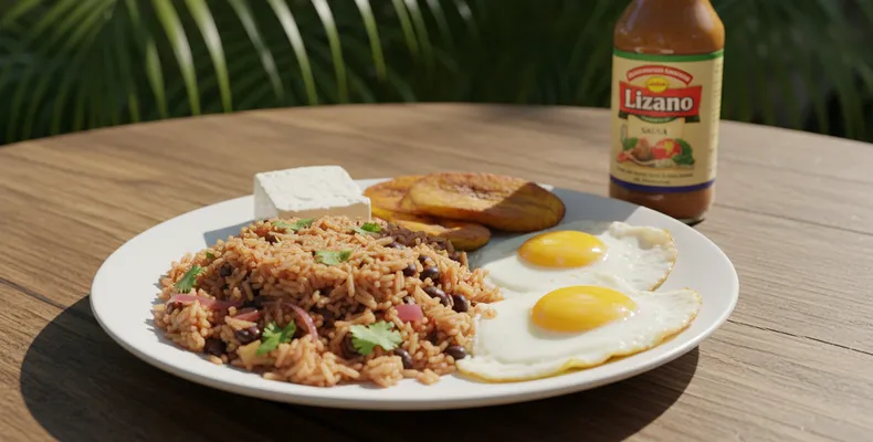 Gallo pinto tradicional: o arroz com feijão-preto da Costa Rica com coentro, cebola e molho Lizano