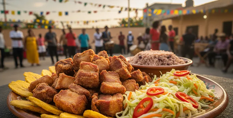Griot haitiano tradicional: los cubos de cerdo marinados en epis, cocidos y fritos hasta dorar, con pikliz