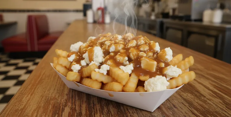 Poutine tradicional de Quebec: as batatas fritas com queijo em grãos e molho de carne quente