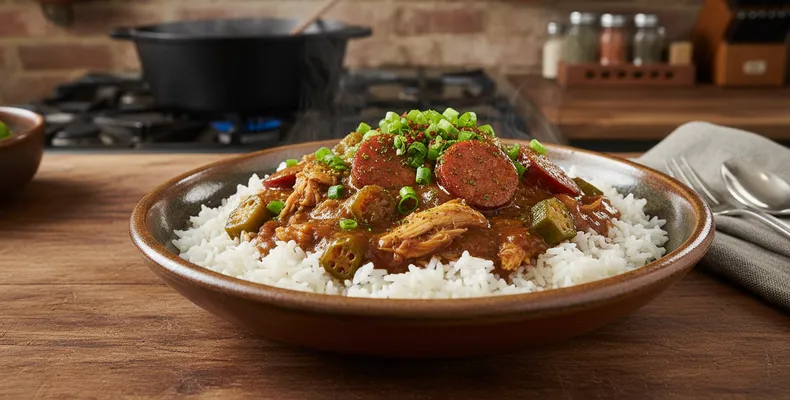 Gumbo de frango e andouille tradicional: o ensopado de Louisiana com roux escuro, quiabo e a trindade cajun