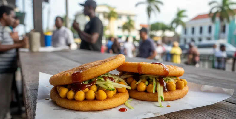 Doubles tradicionais de Trinidad e Tobago: os pães fritos bara com curry de grão-de-bico, chutney de tamarindo e pimenta