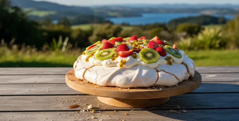 Pavlova traditionnelle : la meringue néo-zélandaise croquante dehors et fondante dedans, à la crème fouettée et au kiwi