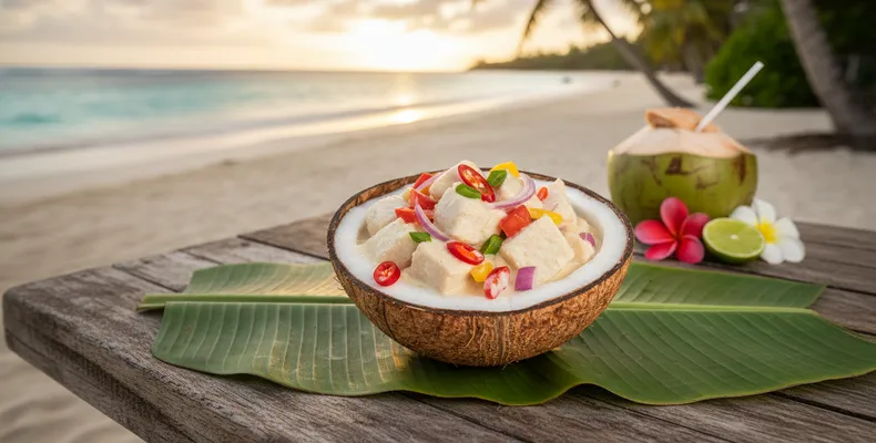 Kokoda tradicional: o ceviche fijiano de peixe cru marinado no limão e leite de coco