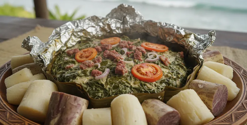 Lu pulu tradicional: as folhas de taro tonganesas com carne e cebola no creme de coco, assadas no umu