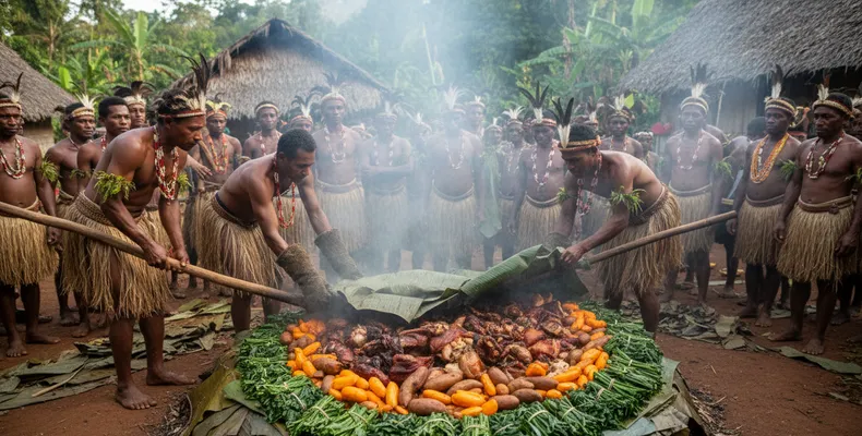 Mumu tradicional: o porco, a batata-doce e as verduras da Papua-Nova Guiné cozidos no forno de terra com leite de coco