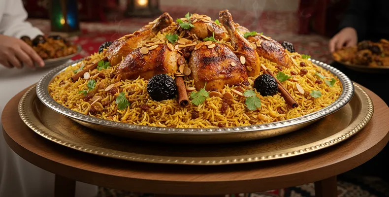 Kabsa saudita tradicional: o arroz de frango com especiarias, tomate e loomi (limão seco)