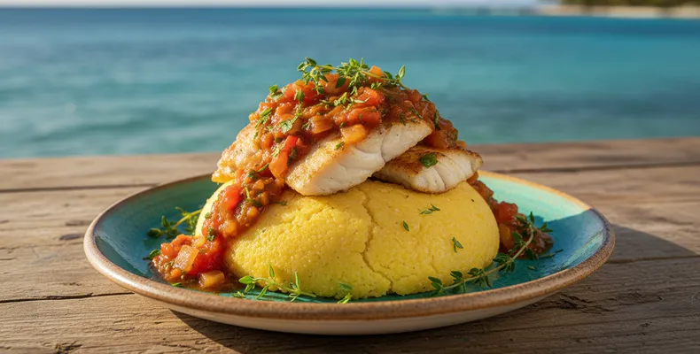 Cou-cou com flying fish tradicional de Barbados: o prato nacional de fubá de milho com quiabo e peixe-voador ao molho