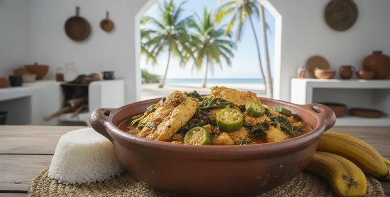 Calulu de peixe são-tomense: o refogado de peixe seco e fresco com folhas, quiabo e óleo de palma