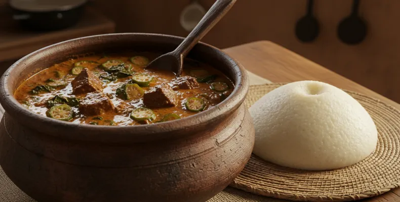 Daraba tradicional do Chade: o ensopado de quiabo com folhas verdes, amendoim e carne