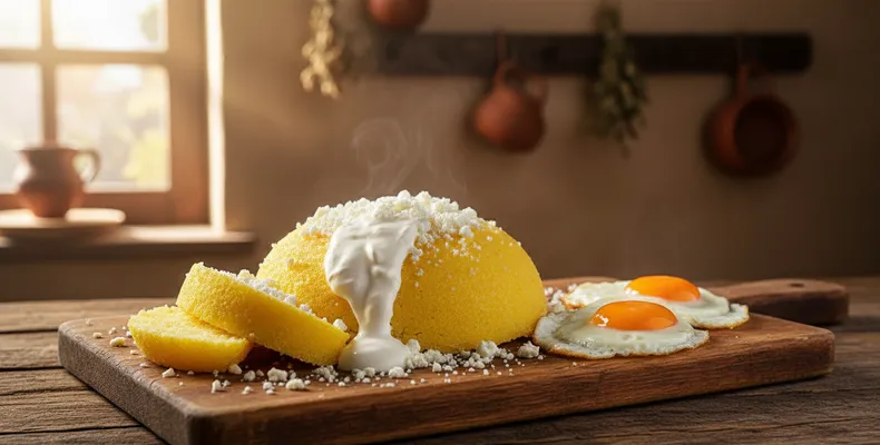 Mămăligă tradicional da Moldávia: o pirão de fubá com brânză, creme azedo e ovos