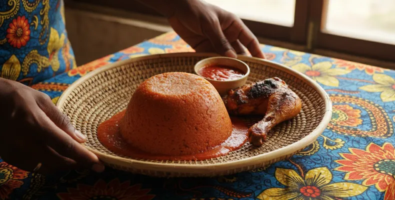 Amiwo tradicional beninense: o pirão de fubá de milho corado no molho de tomate e pimenta