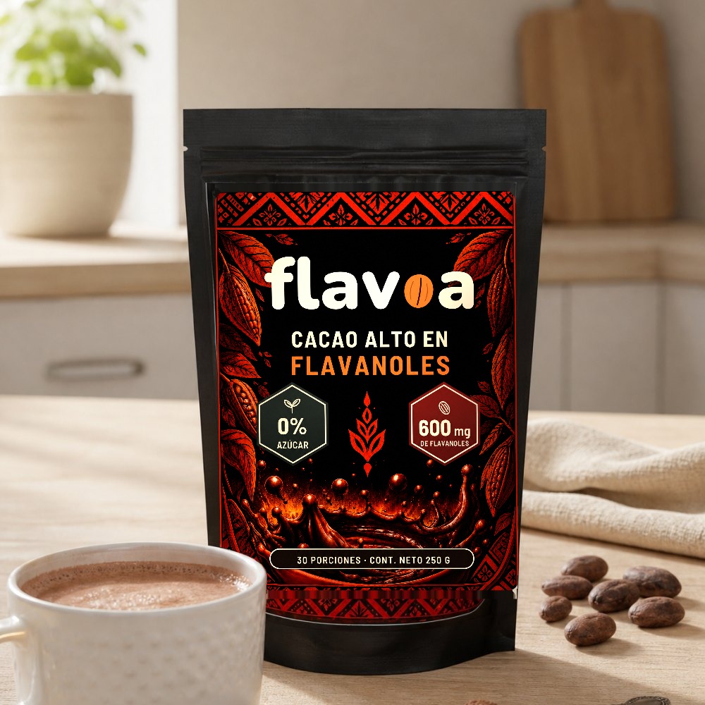 Doypack de Flavoa en la cocina, al lado de una taza de cacao