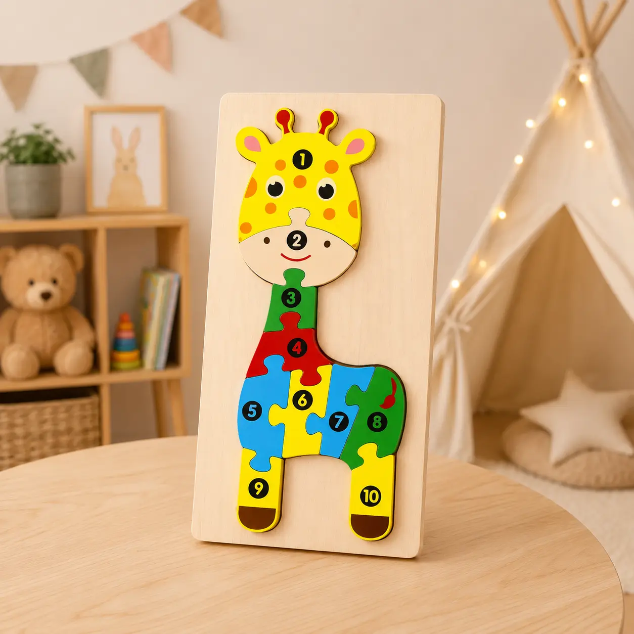 Drevené puzzle Žirafa – farebná vkladačka pre deti