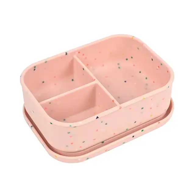 Silikónový obedár pre deti s viečkom ružový bodkovaný – veľký (BPA free)