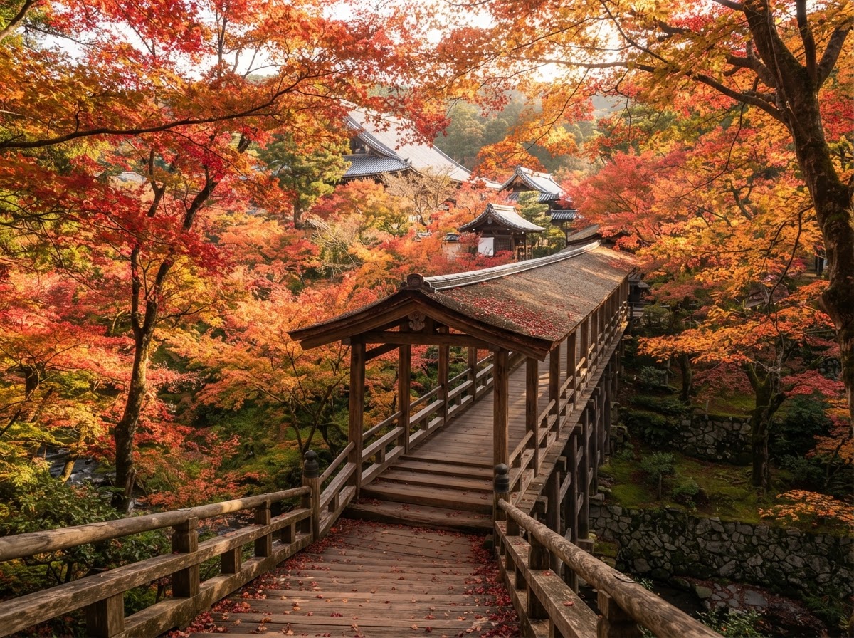 Fulles d'auró vermelles i taronges vibrants que envolten un antic camí de temple de fusta a Kyoto durant la tardor.
