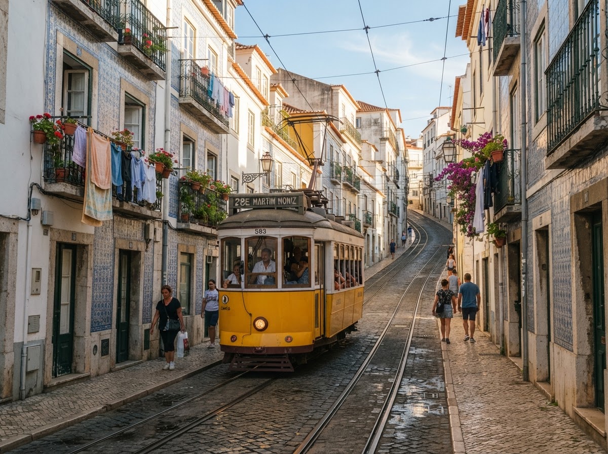 The historic yellow tram passing through the narrow cobblestone streets of the Alfama district in Lisbon during a sunny summer day.