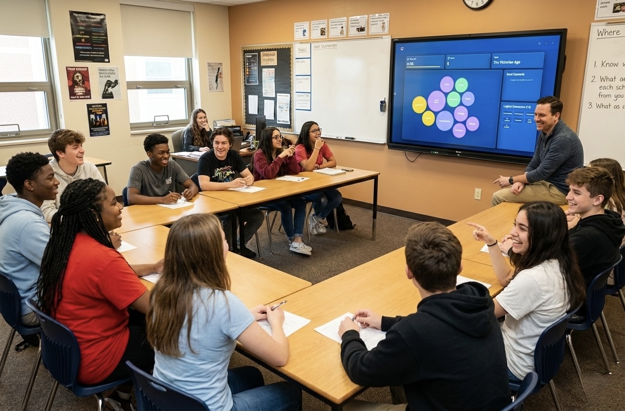 ESL teacher orchestrating peer‑to‑peer discussion in a modern classroom