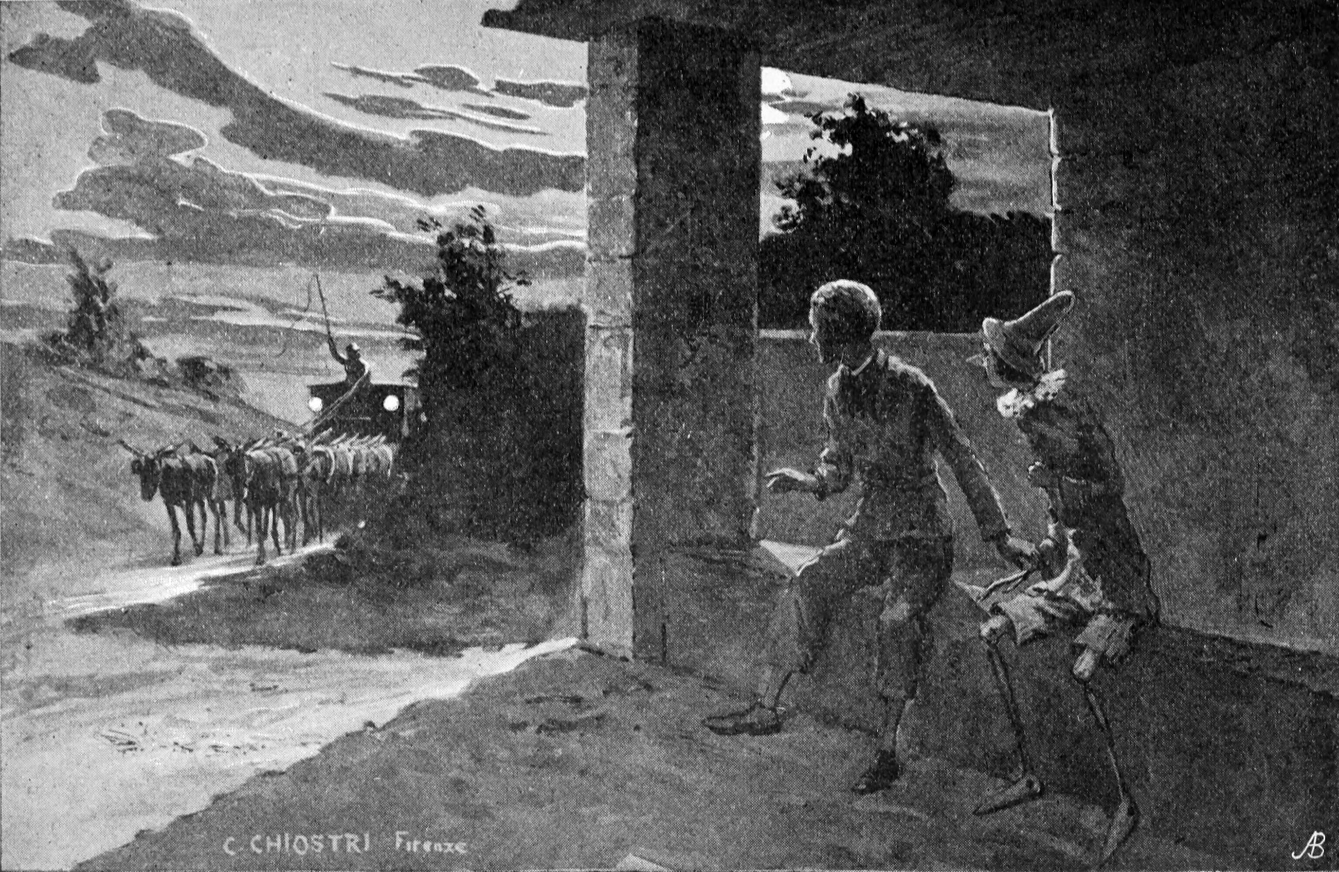 Pinocchio e Lucignolo aspettano il carro per il Paese dei Balocchi, illustrazione di Carlo Chiostri