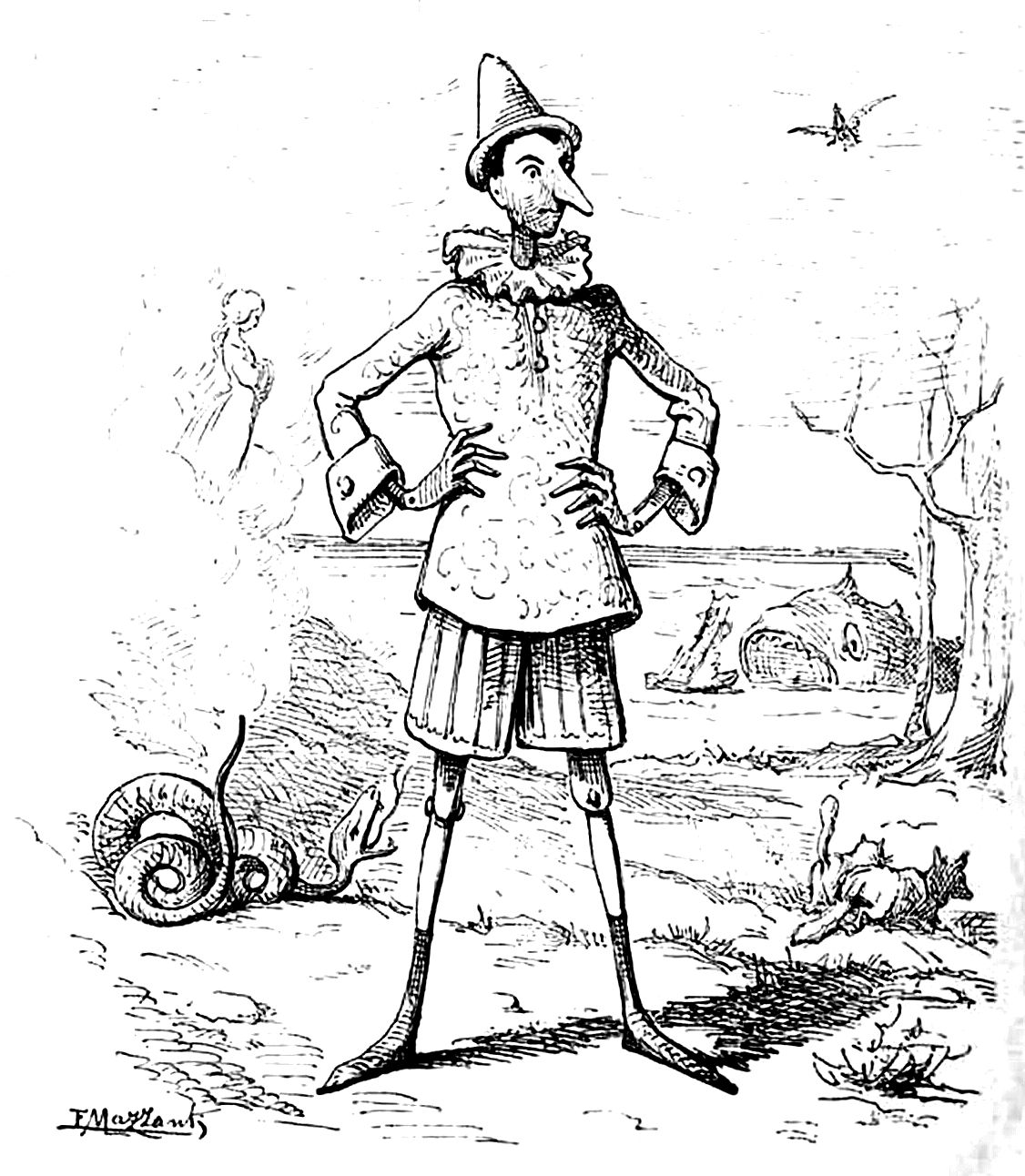 Il frontespizio di Pinocchio disegnato da Enrico Mazzanti, con la lumaca, la volpe, il pescecane e la Fata sullo sfondo