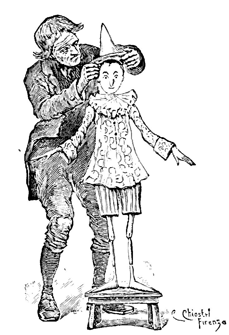 Geppetto mette a Pinocchio il cappello di midolla di pane, illustrazione di Carlo Chiostri